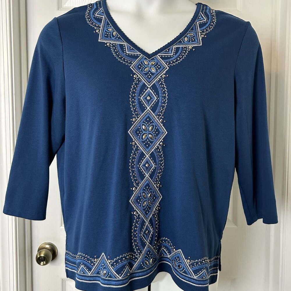 Alfred Dunner Blue Embroidered V-Neck Tunic